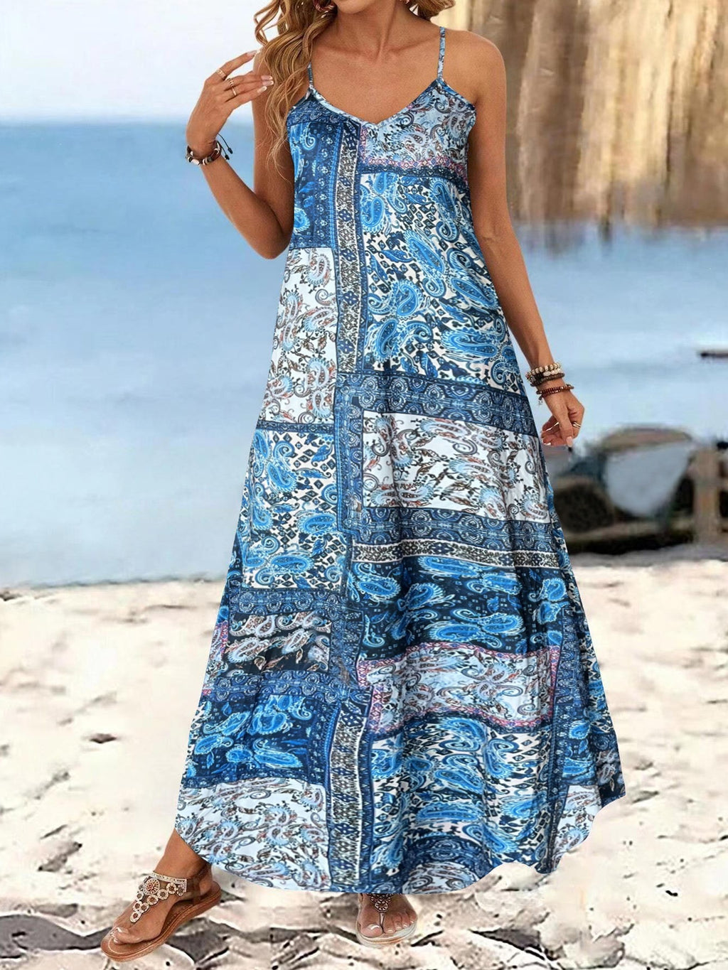 Robe ample imprimée à bretelles et col en V, style vacances printemps-été pour femme