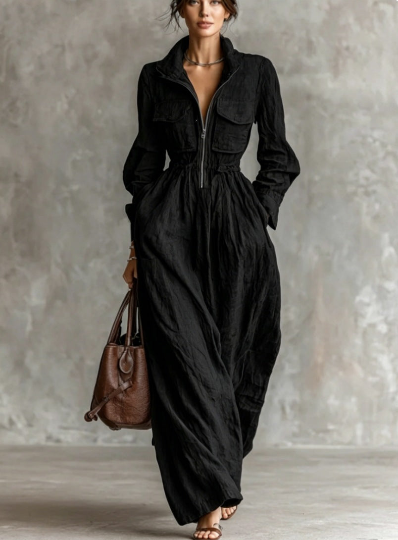 Robe longue pour femme avec col zippé et taille élastique