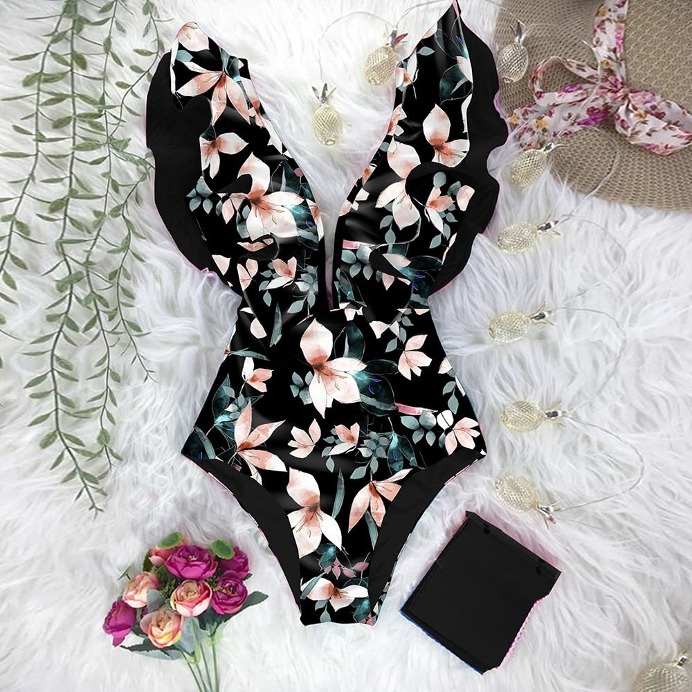 Maillot de bain une pièce imprimé, décolleté plongeant, volants, effet push-up, dos nu, idéal pour la plage