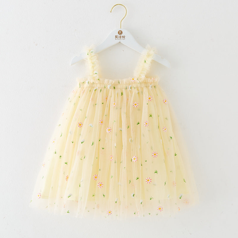 Robe d'été à bretelles pour filles, style nouveau, brodée, en tulle doux
