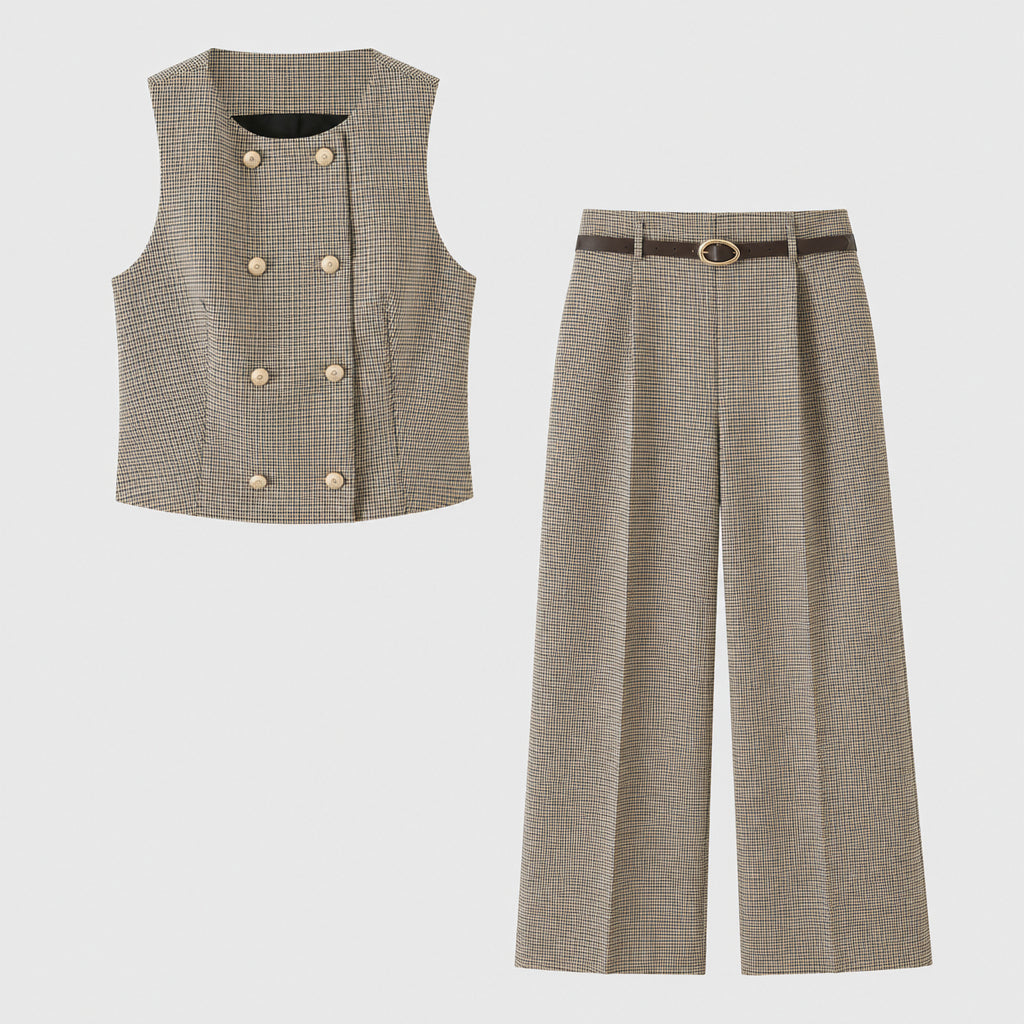 Ensemble : Gilet à carreaux sans manches à double boutonnage et d'un pantalon long.