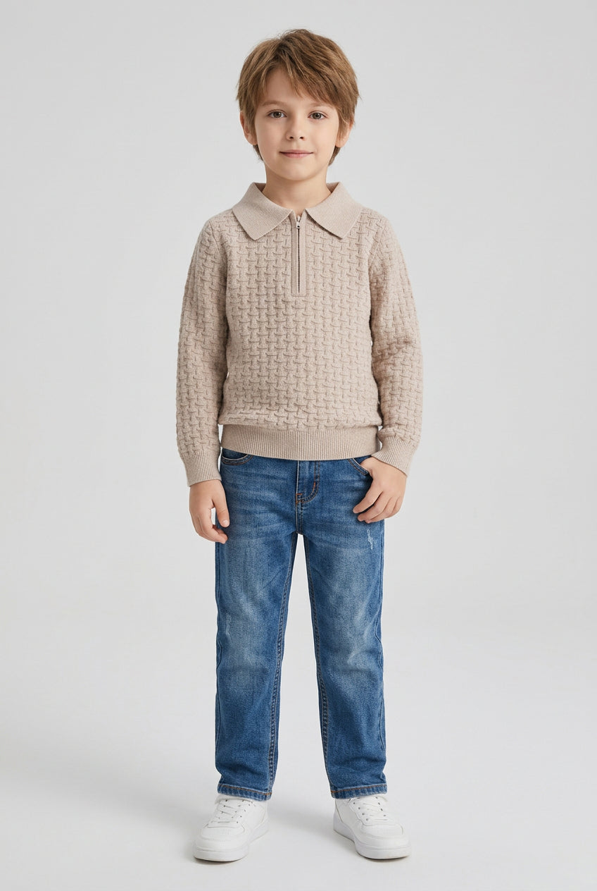 Pull en maille pour garçon, style décontracté, à motif ondulé, col rabattu et demi-fermeture éclair