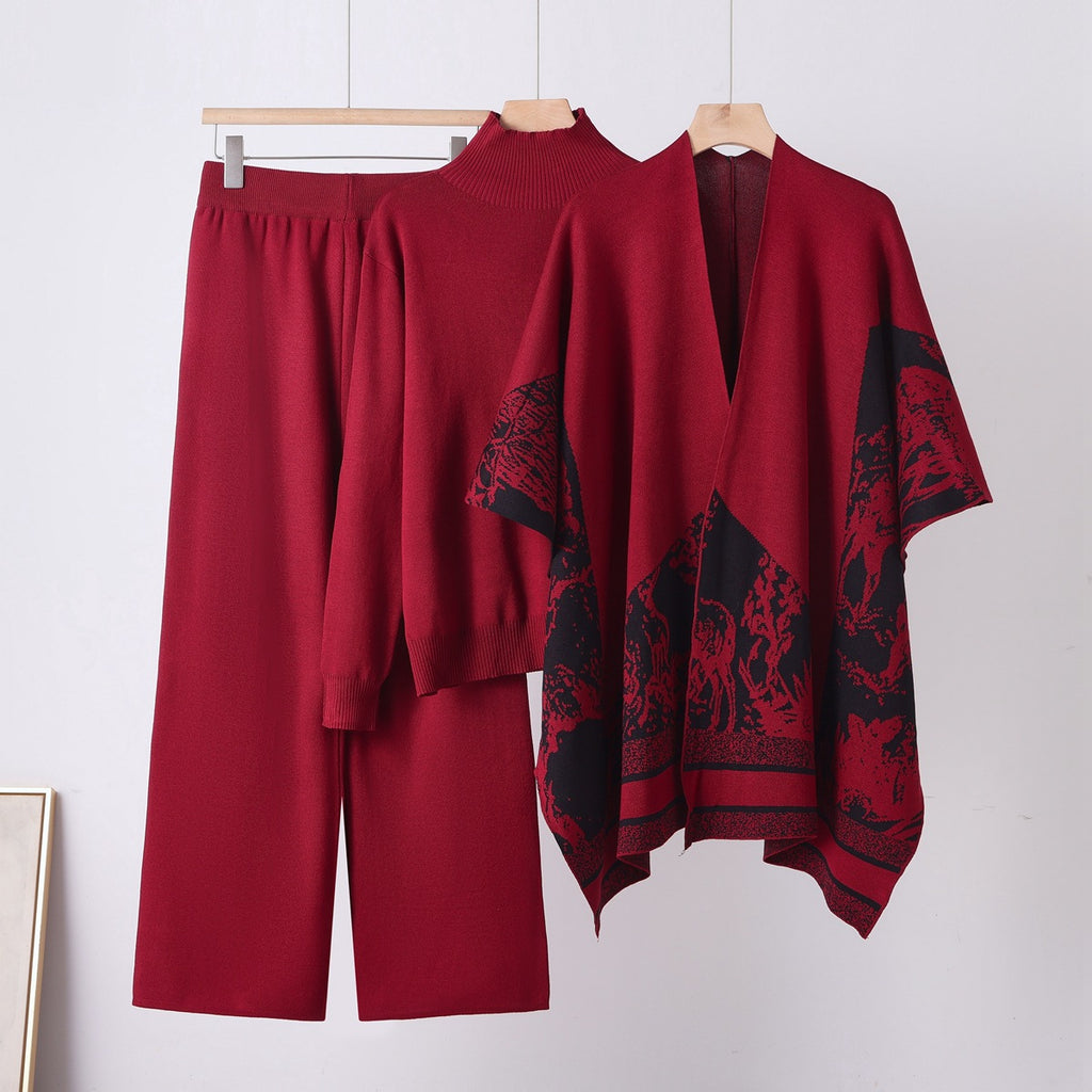 Ensemble trois pièces décontracté : Pantalon large et ample , Pull col roulé et Poncho