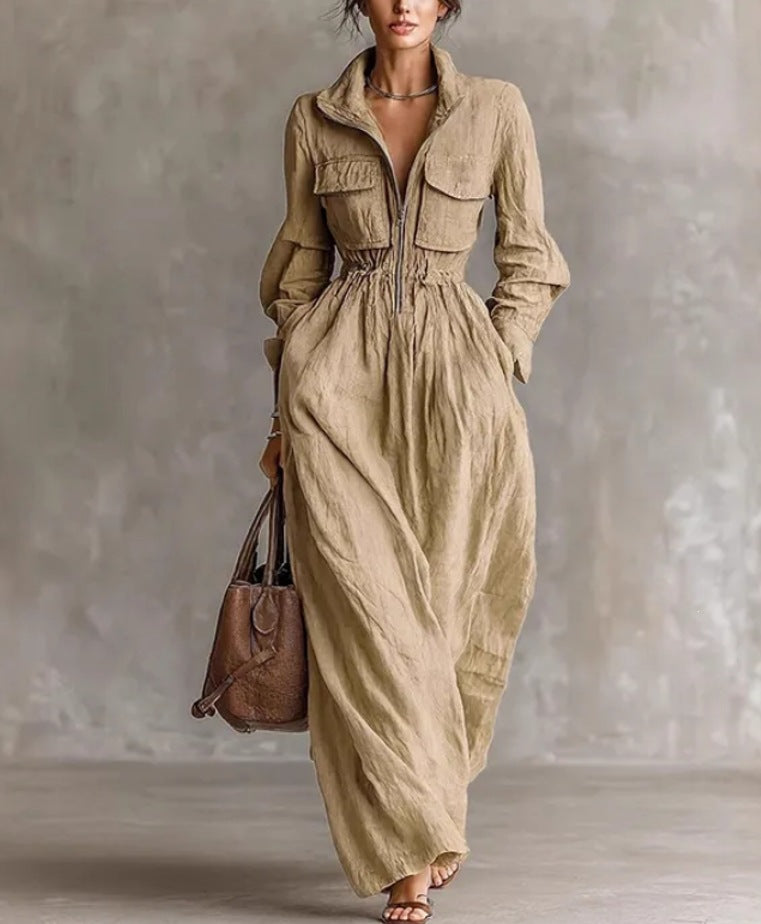 Robe longue pour femme avec col zippé et taille élastique
