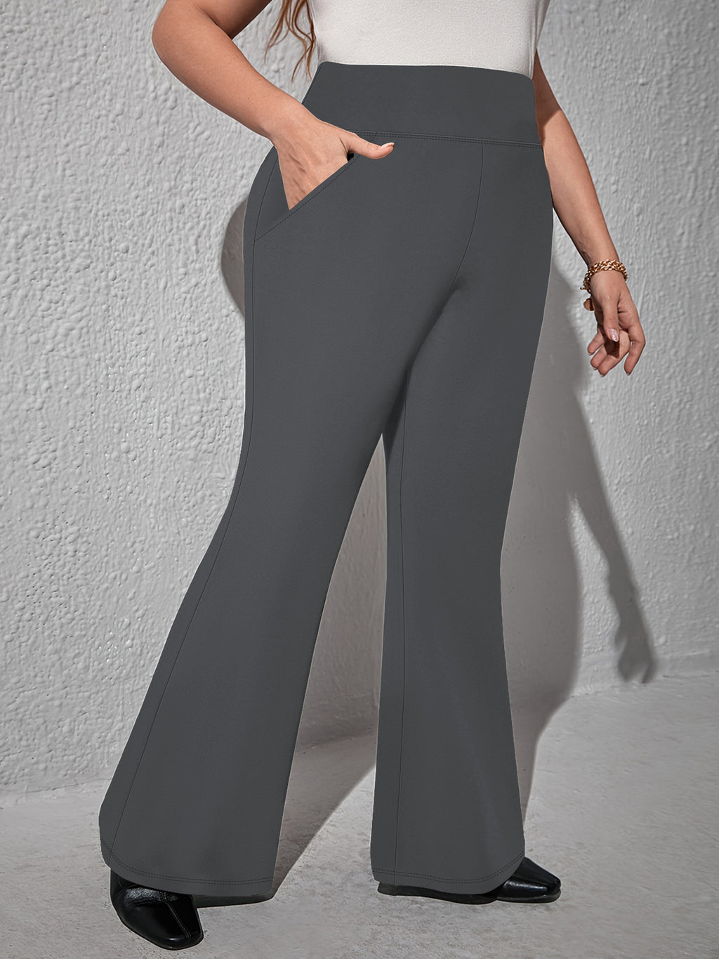 Pantalon taille haute avec poches micro-évasées , pantalon grande taille décontracté à coupe trompette très élastique