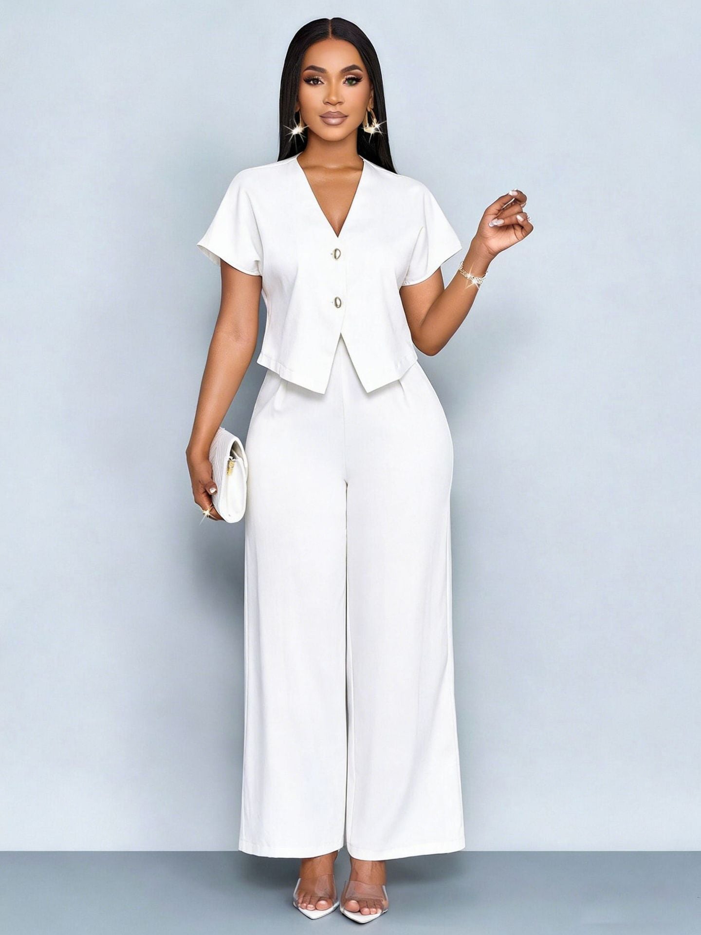 Ensemble deux pièces décontracté grande taille : cardigan asymétrique à manches courtes et col en V, pantalon droit et jambes larges.