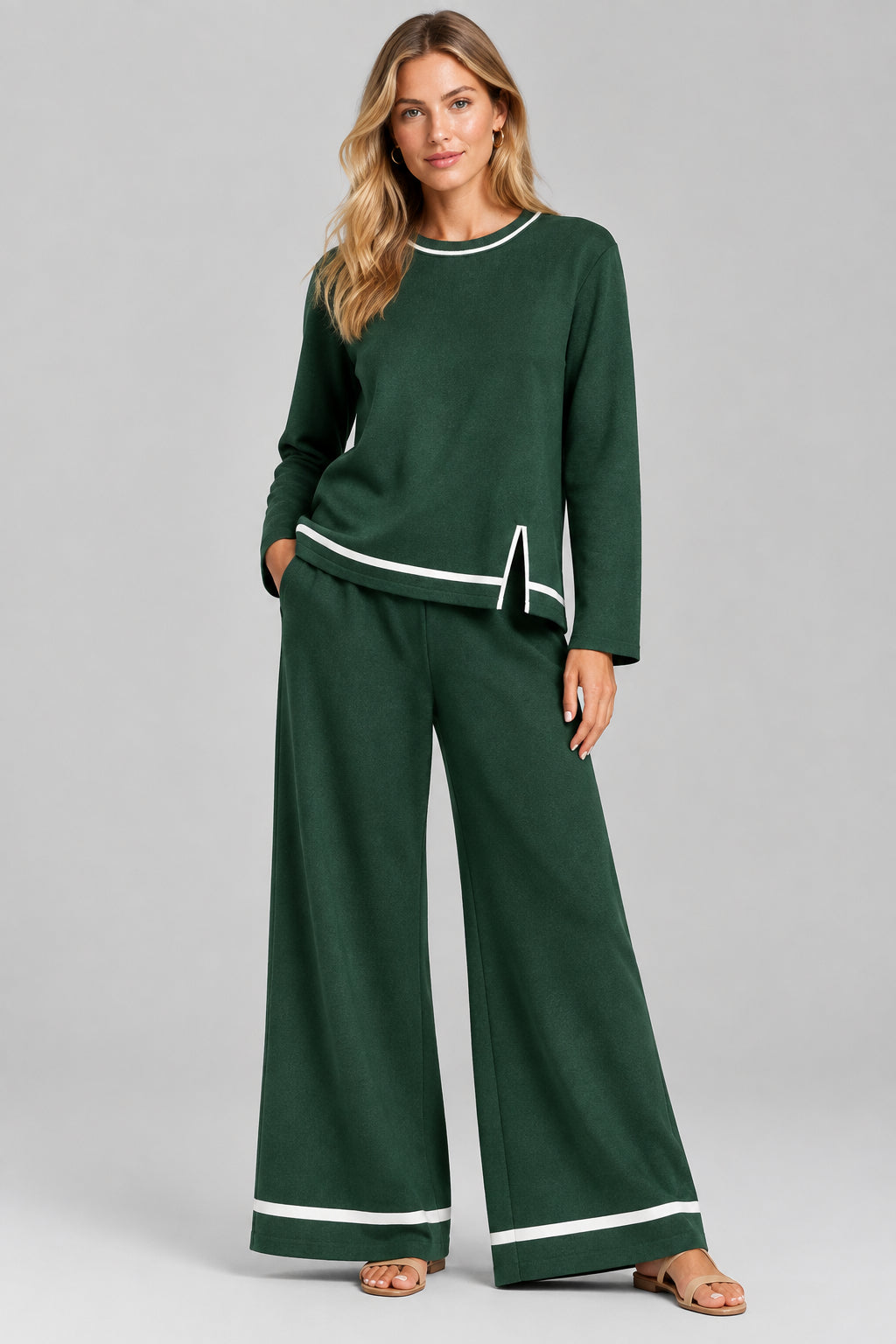 Ensemble : Pantalon large à fentes et Haut à manches longues