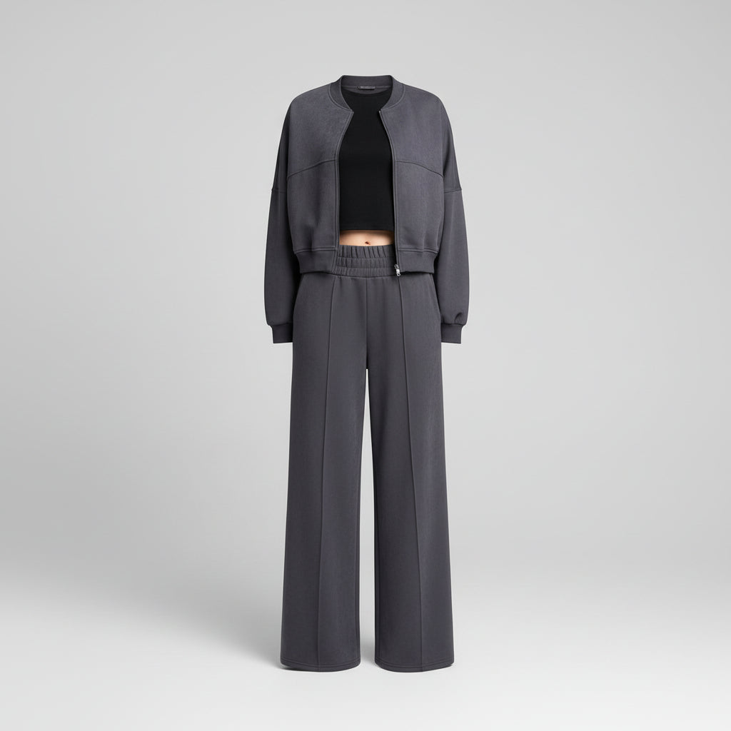 Ensemble deux pièces pour femme : sweat à capuche zippé uni et pantalon droit