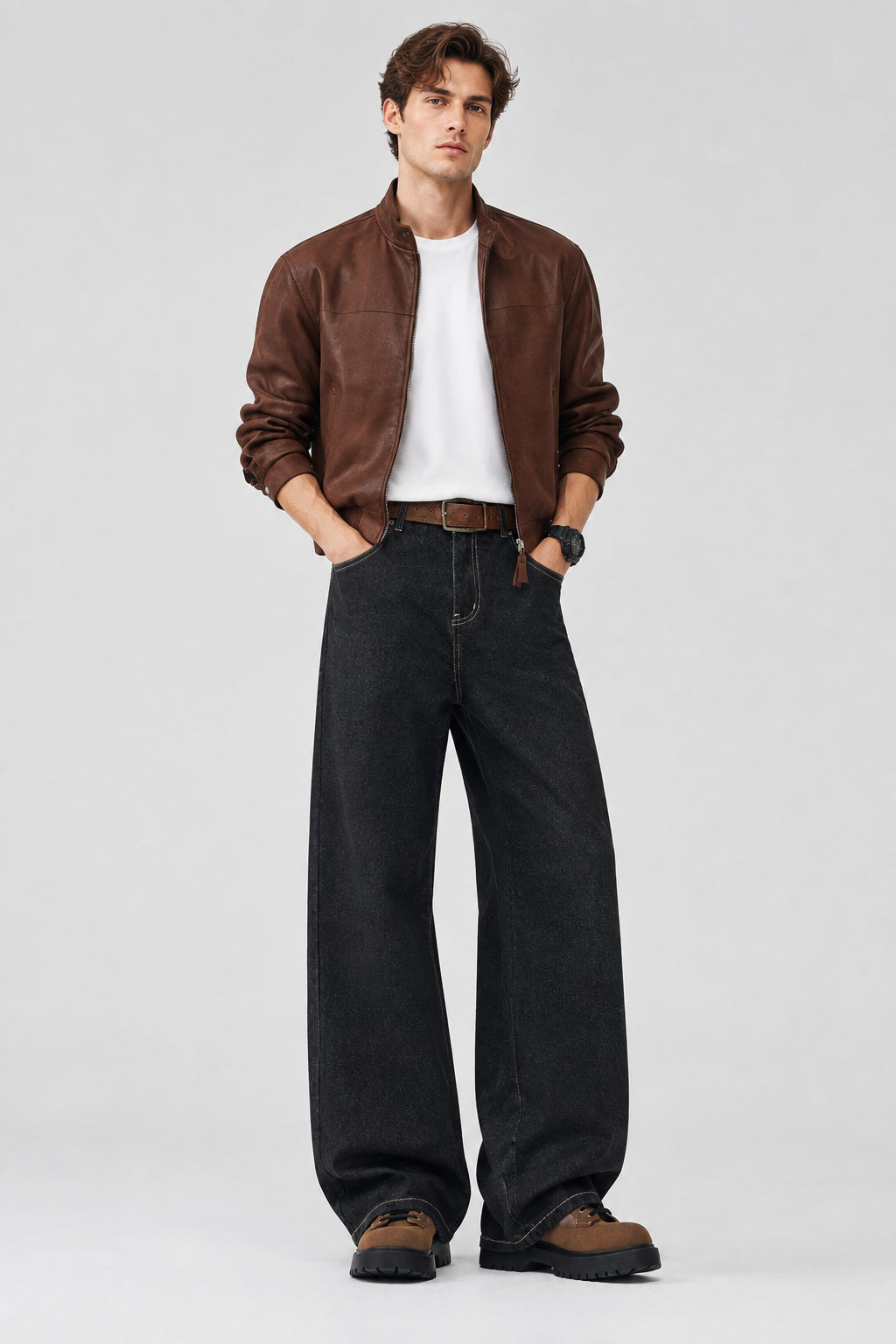 Jean droit pour homme style rétro et ethnique – Denim original, surpiqûres contrastées et broderies