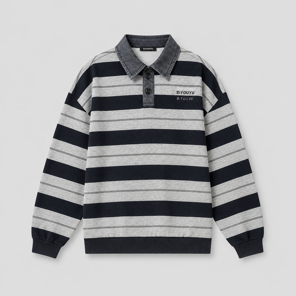 Polo en jean à manches longues pour garçon, à rayures et blocs de couleurs, avec col