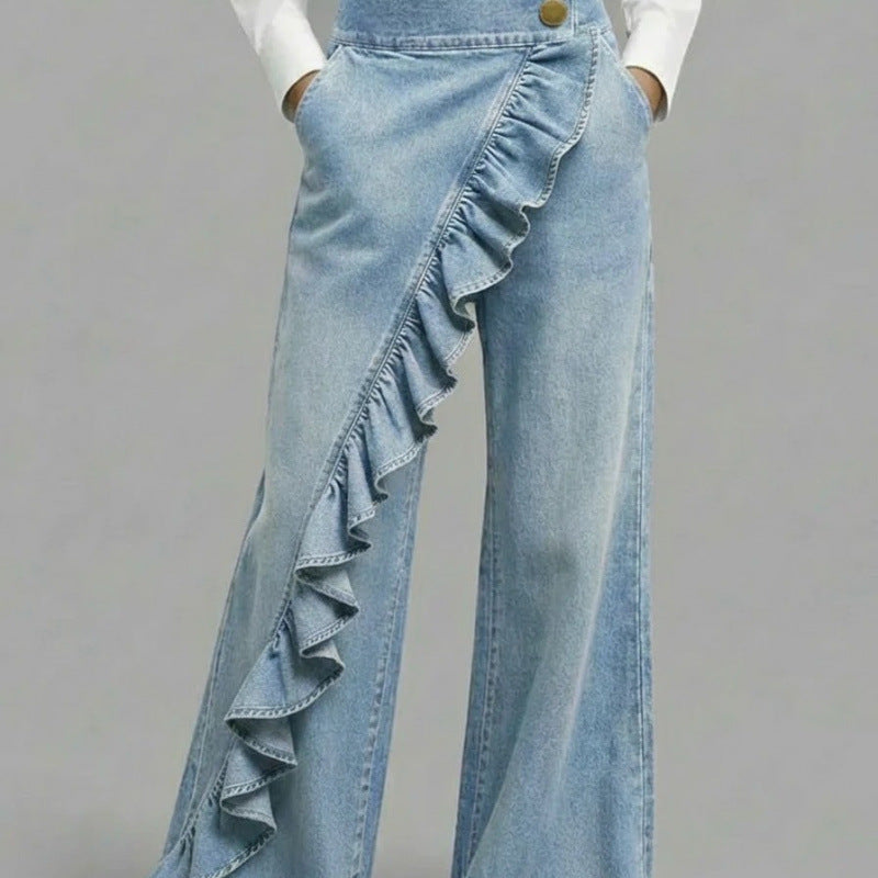 Pantalon en jean , taille mi-haute et coupe asymétrique
