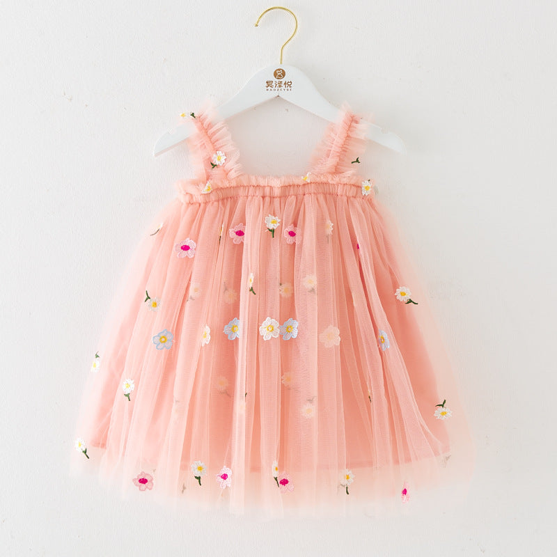 Robe d'été à bretelles pour filles, style nouveau, brodée, en tulle doux