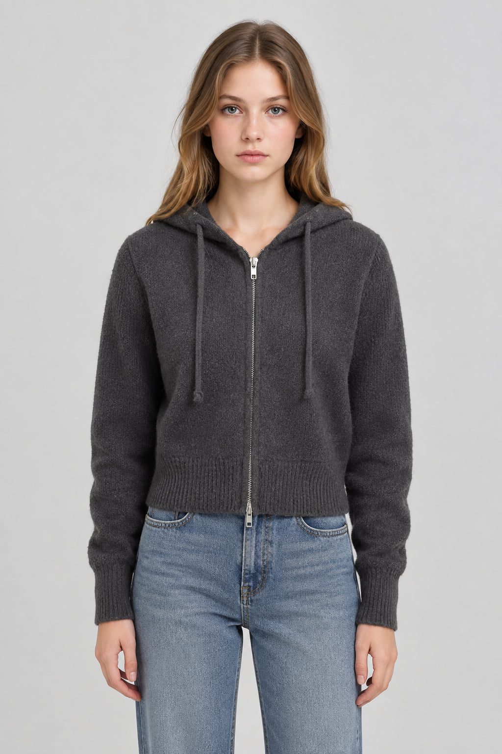 Gilet zippé à capuche en maille ,Coupe oversize, courte et épaisse