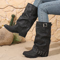 Bottes à talons hauts pour femme,  style cavalier/western avec détails plissés, hauteur mi-mollet.