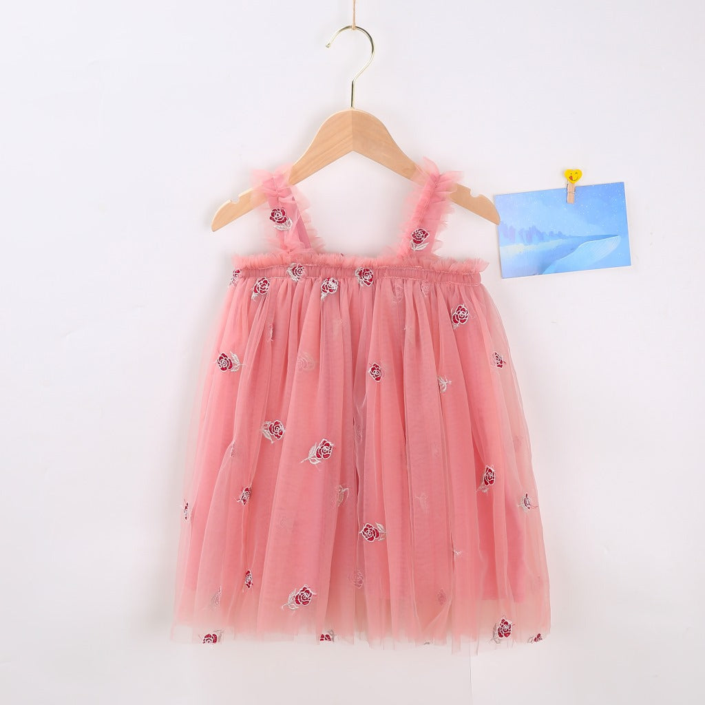 Robe d'été à bretelles pour filles, style nouveau, brodée, en tulle doux