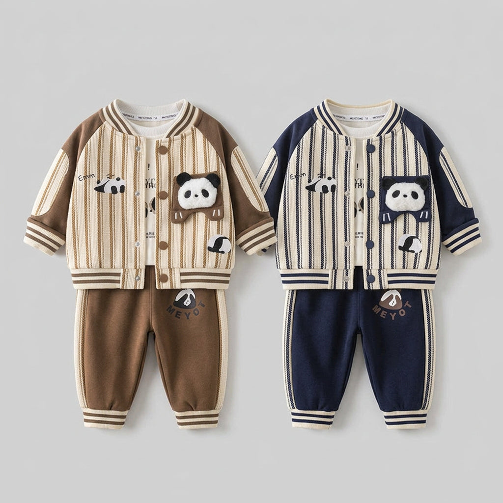 Ensemble : veste style baseball à rayures verticales, t-shirt à manches longues et pantalon, avec motif panda