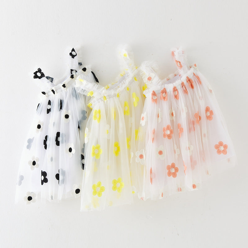 Robe d'été à bretelles pour filles, style nouveau, brodée, en tulle doux
