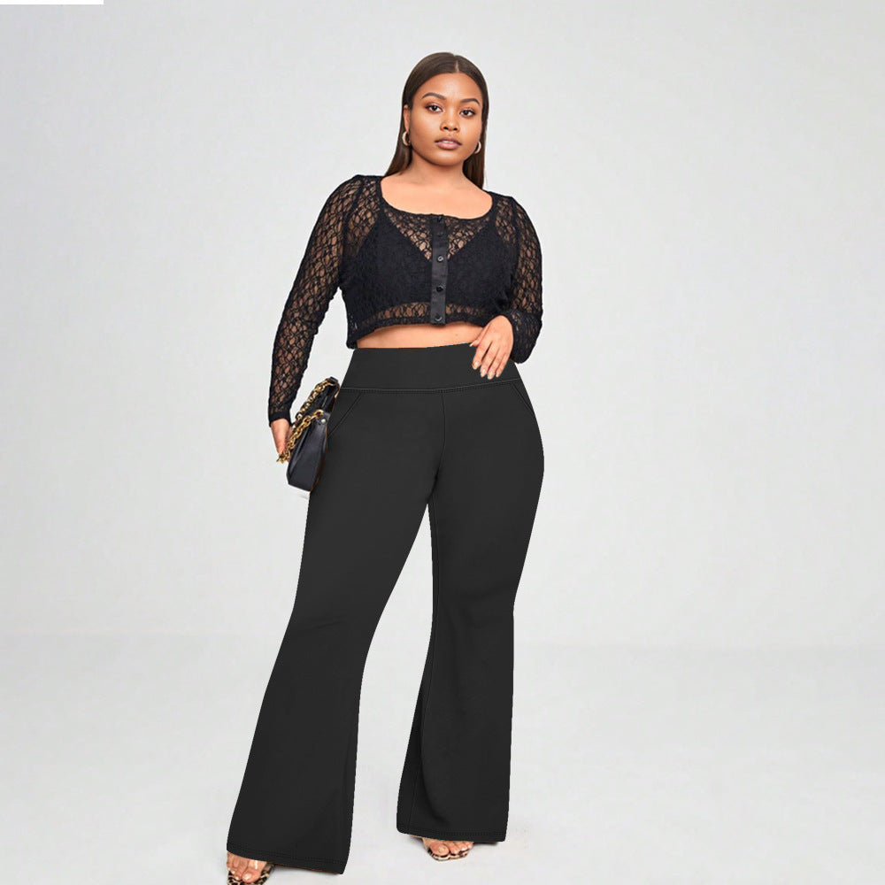 Pantalon taille haute avec poches micro-évasées , pantalon grande taille décontracté à coupe trompette très élastique