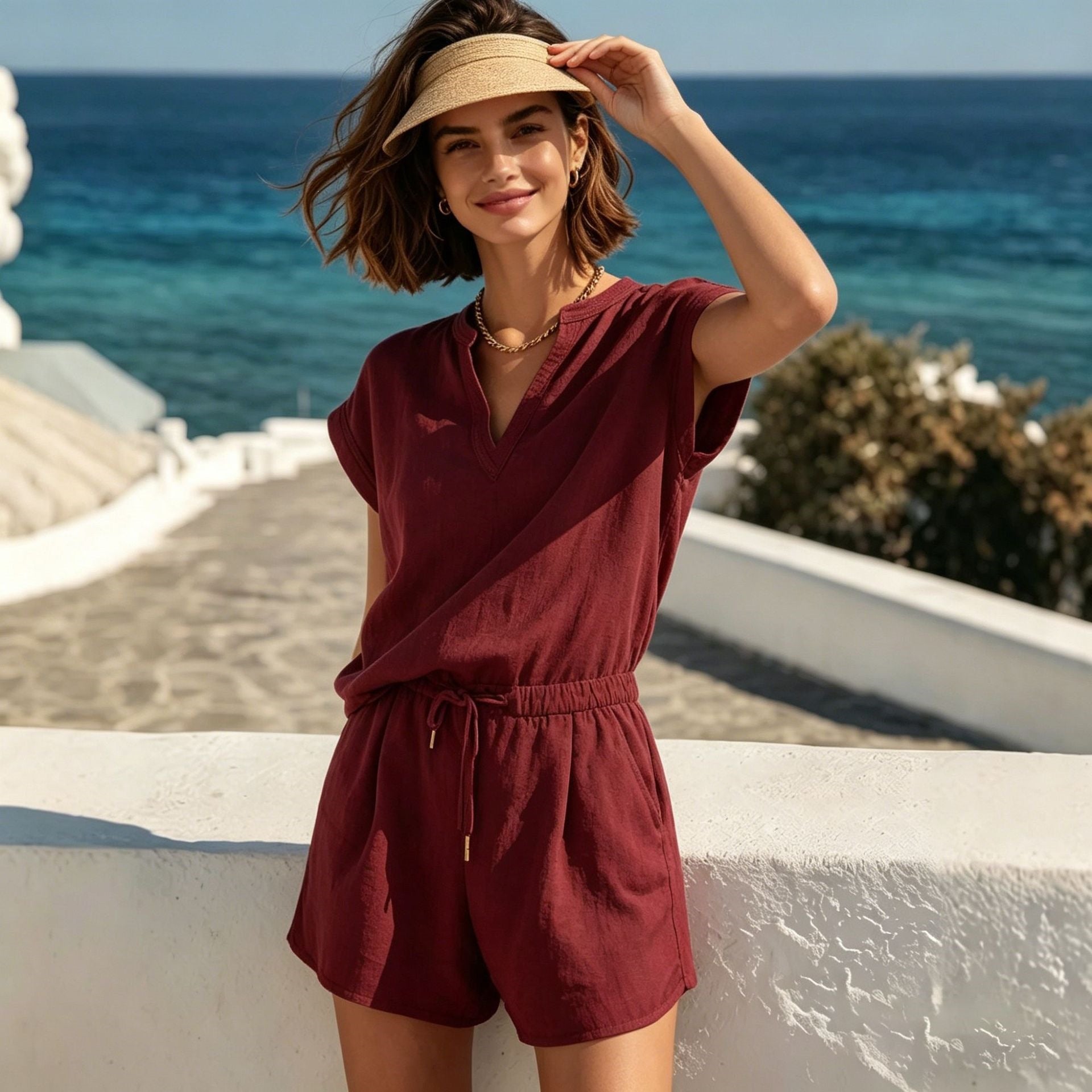 Ensemble deux pièces décontracté , couleur unie, haut à manches courtes et short