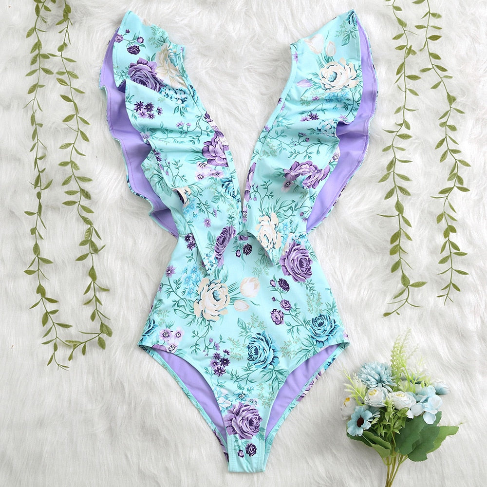 Maillot de bain une pièce imprimé, décolleté plongeant, volants, effet push-up, dos nu, idéal pour la plage