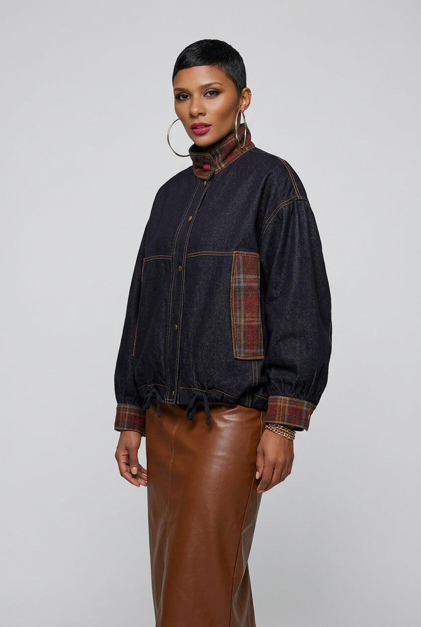 Veste en jean vintage à boutonnage simple, motif patchwork à carreaux multicolores