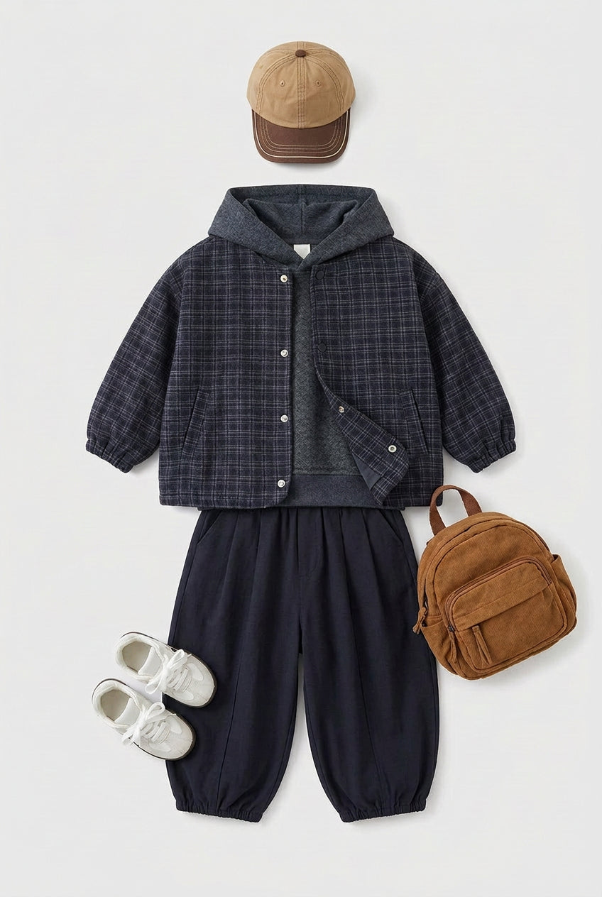 Ensemble 3 pièces, veste à carreaux , sweat à capuche et pantalon