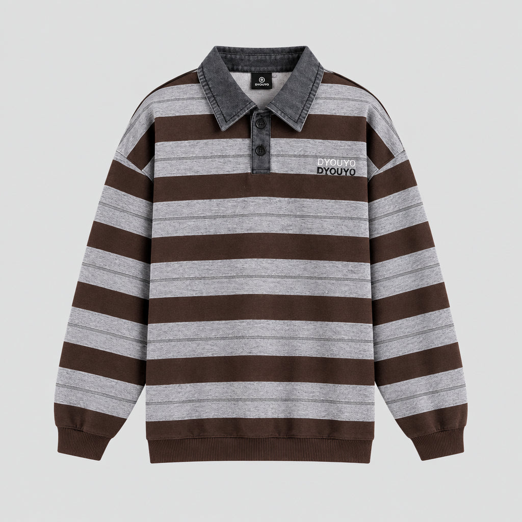 Polo en jean à manches longues pour garçon, à rayures et blocs de couleurs, avec col