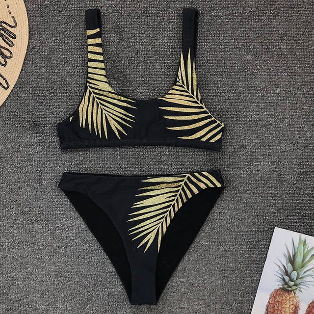 Bikini imprimé Feuille sexy noir, bikini imprimé feuilles, micro maillot de bain brésilien femme