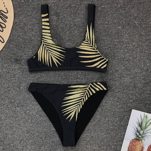 Bikini imprimé Feuille sexy noir, bikini imprimé feuilles, micro maillot de bain brésilien femme