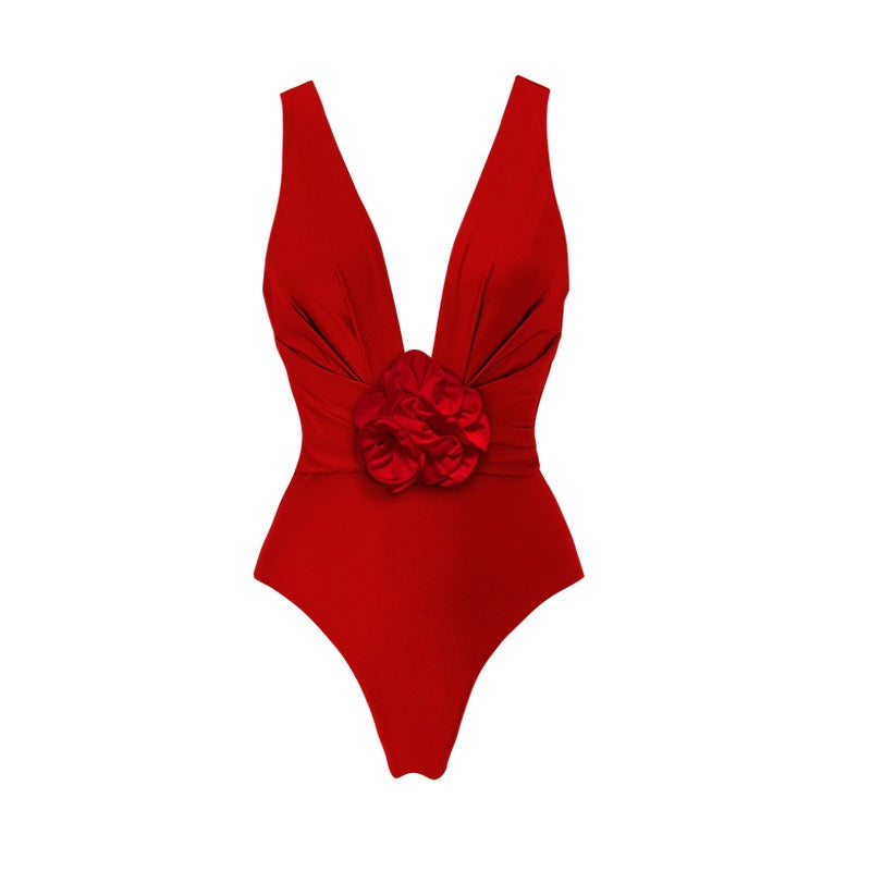 Maillot de bain une pièce pour femme, orné de fleurs en relief, décolleté plongeant sexy.