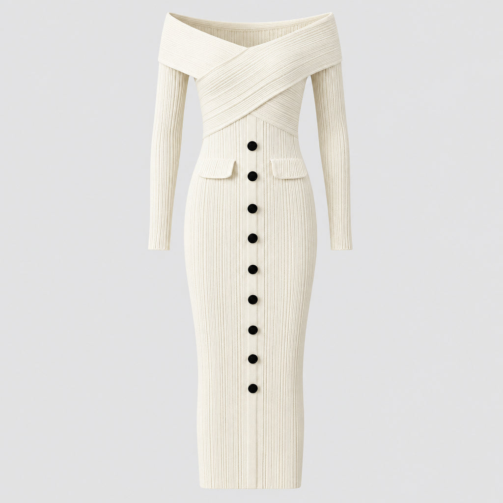 Robe de soirée en maille moulante et sexy, asymétrique (une épaule dénudée), avec une jupe longue épousant les hanches.