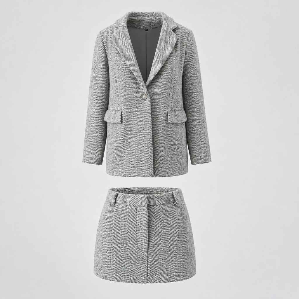 Ensemble décontracté : manteau en laine à col rabattu et fermeture à un bouton & jupe taille haute moulante