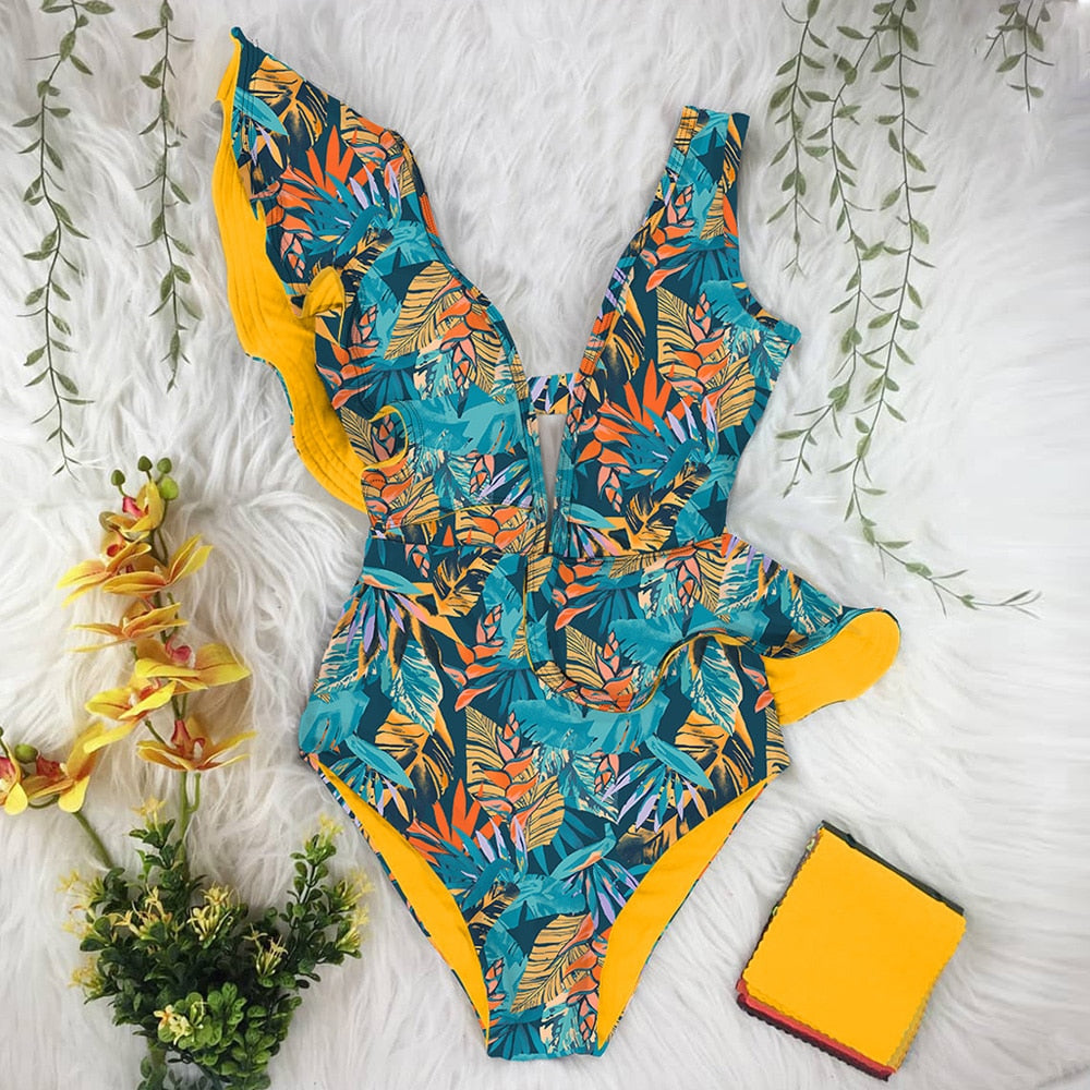 Maillot de bain une pièce imprimé, décolleté plongeant, volants, effet push-up, dos nu, idéal pour la plage