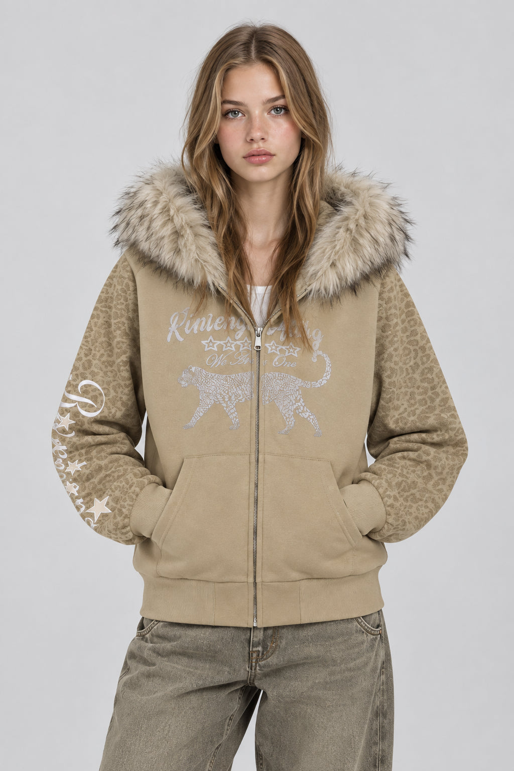 Veste zippée à empiècements imprimé léopard avec capuche amovible en fausse fourrure
