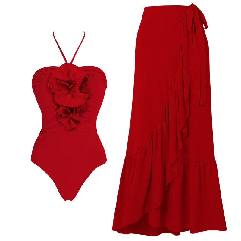Maillot de bain une pièce pour femme, orné de fleurs en relief, décolleté plongeant sexy.