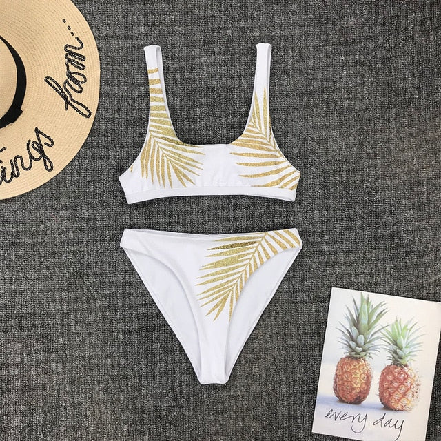 Bikini imprimé Feuille sexy noir, bikini imprimé feuilles, micro maillot de bain brésilien femme