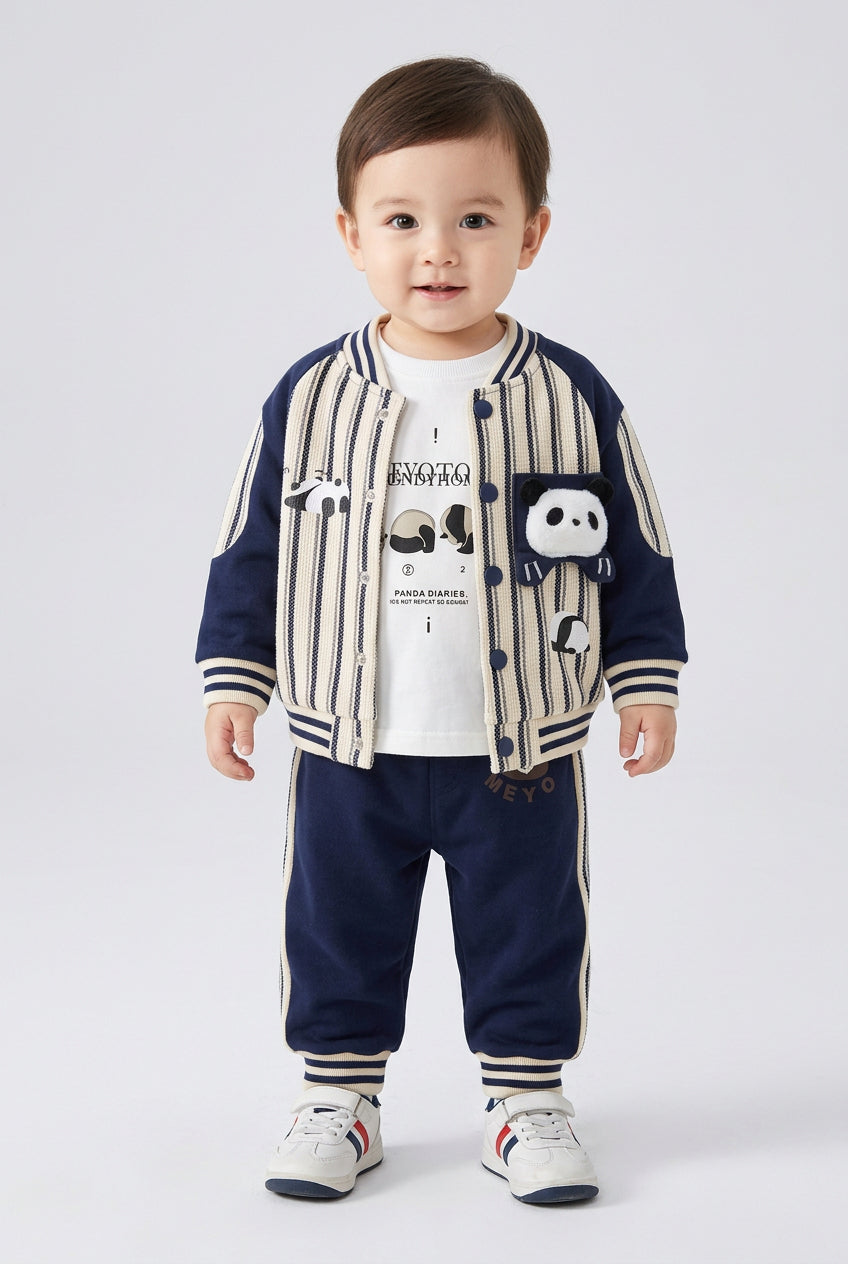 Ensemble : veste style baseball à rayures verticales, t-shirt à manches longues et pantalon, avec motif panda