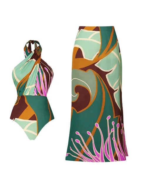Maillot de bain une pièce imprimé dos nu avec jupe assortie