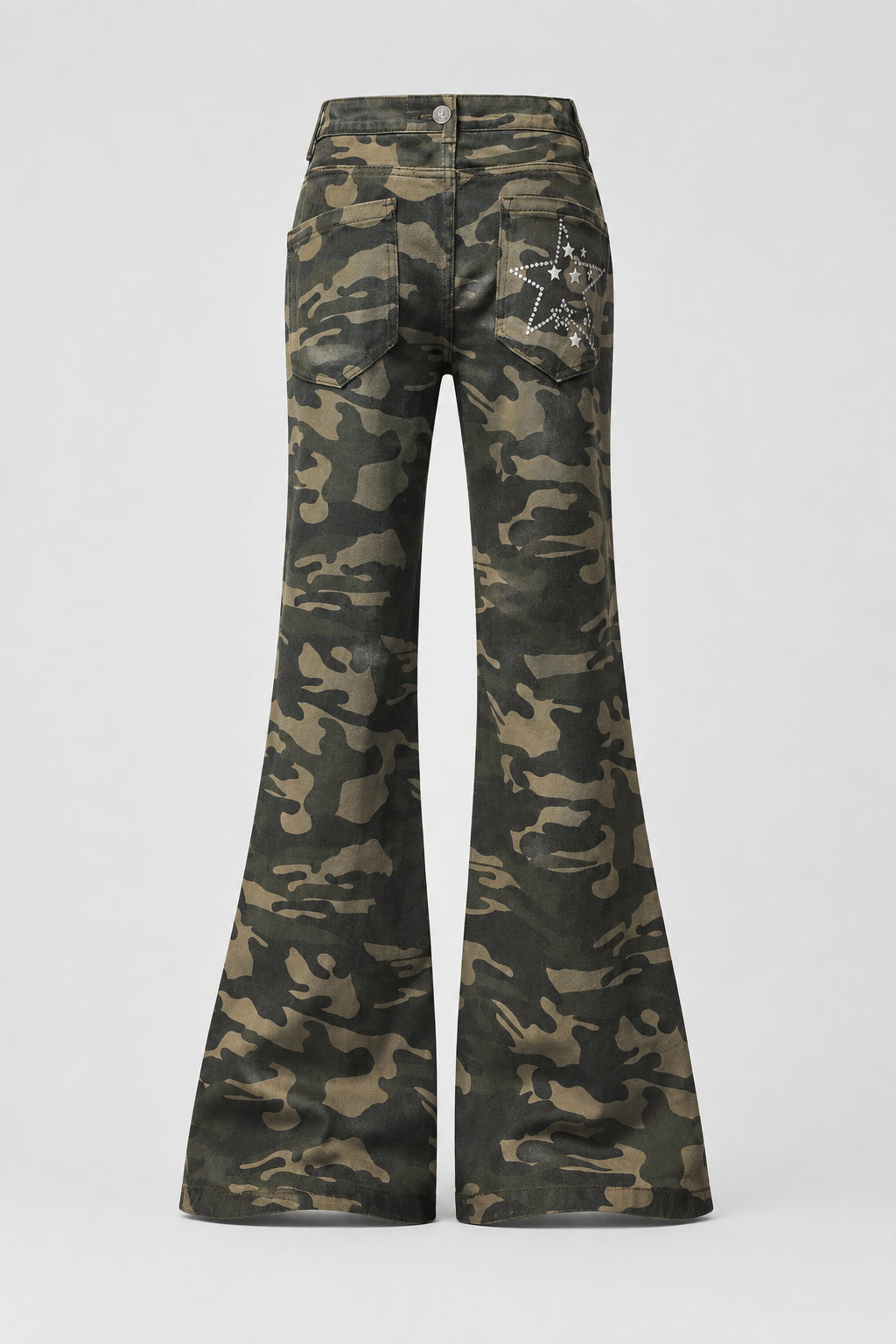 Jean évasé à motif camouflage, pantalon en jean taille haute avec inscription et motif étoile en strass