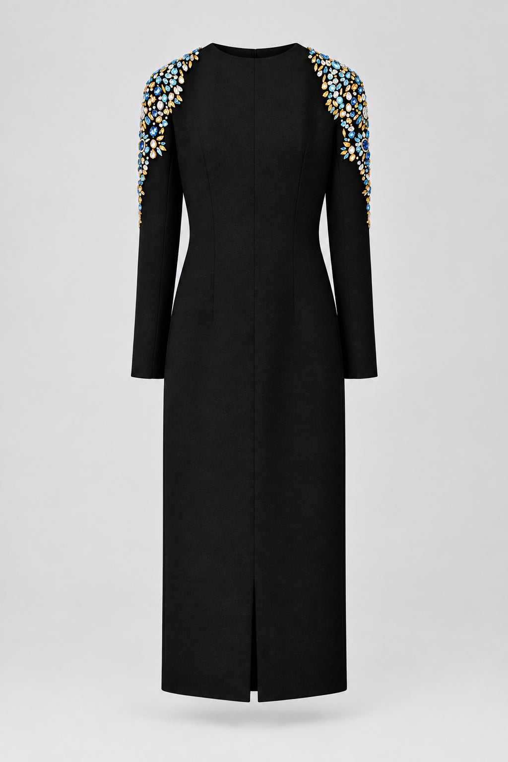Robe mi-longue à manches longues,ornée de perles et de strass