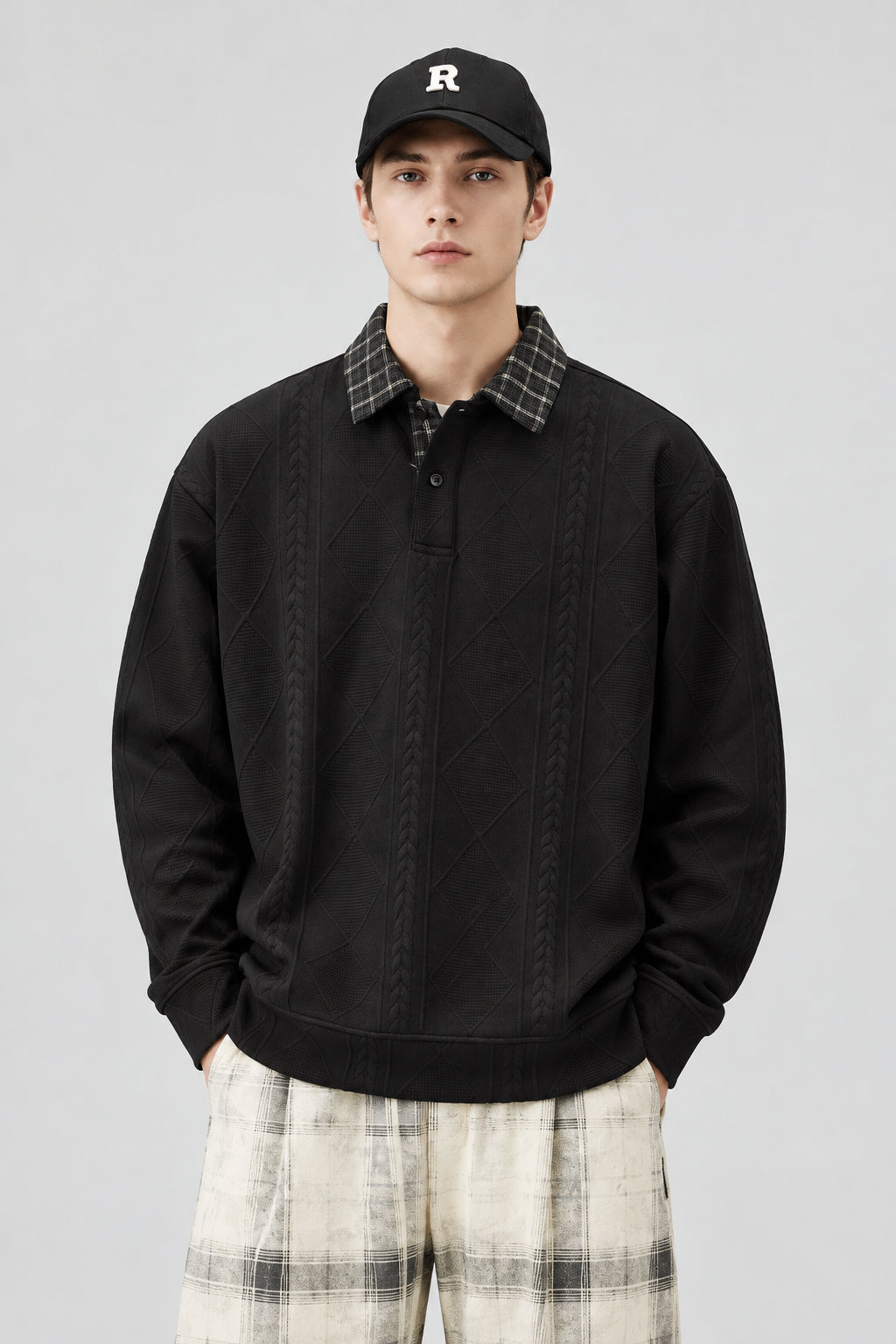 Sweat-shirt en maille jacquard épaisse, à manches longues et col rabattu