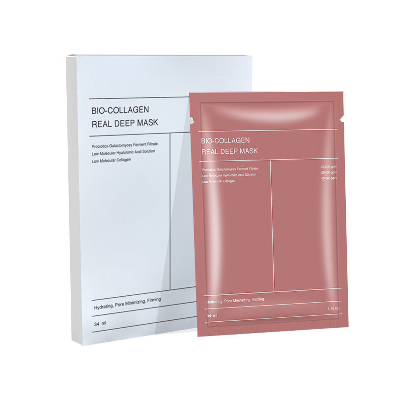 Masque en tissu Bio-Collagen Real Mask Sheet : effet collagène passant du blanc au transparent