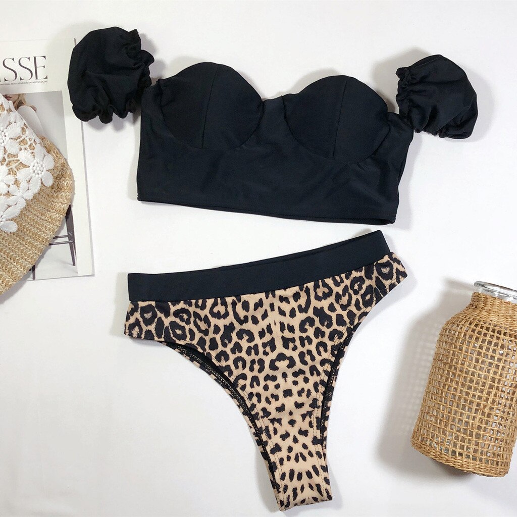 Bikini imprimé léopard push-up avec coussinets, taille haute