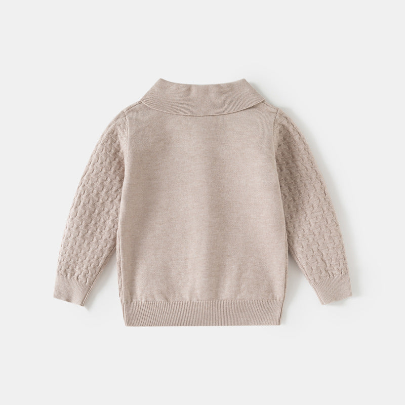 Pull en maille pour garçon, style décontracté, à motif ondulé, col rabattu et demi-fermeture éclair