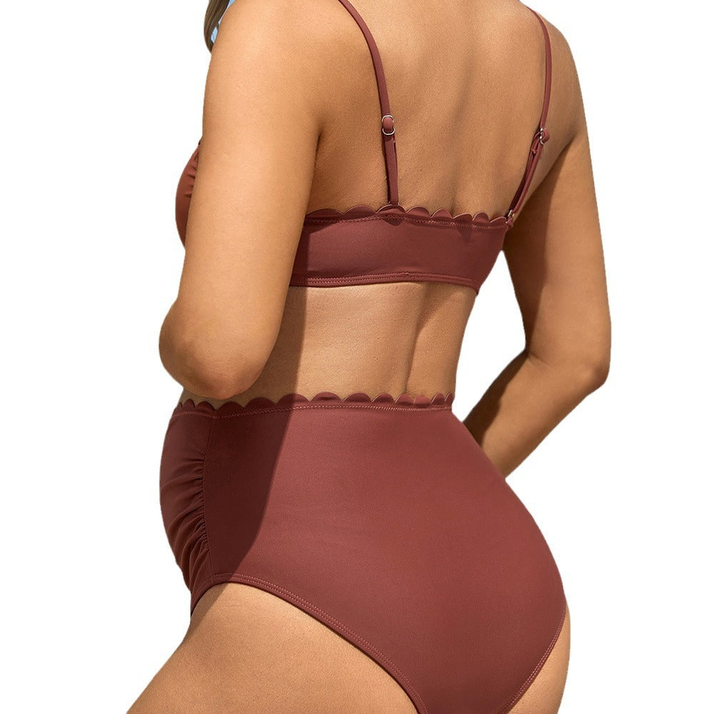 Bikini de grossesse taille haute, couleur unie, avec haut bandeau dos nu couvrant le ventre