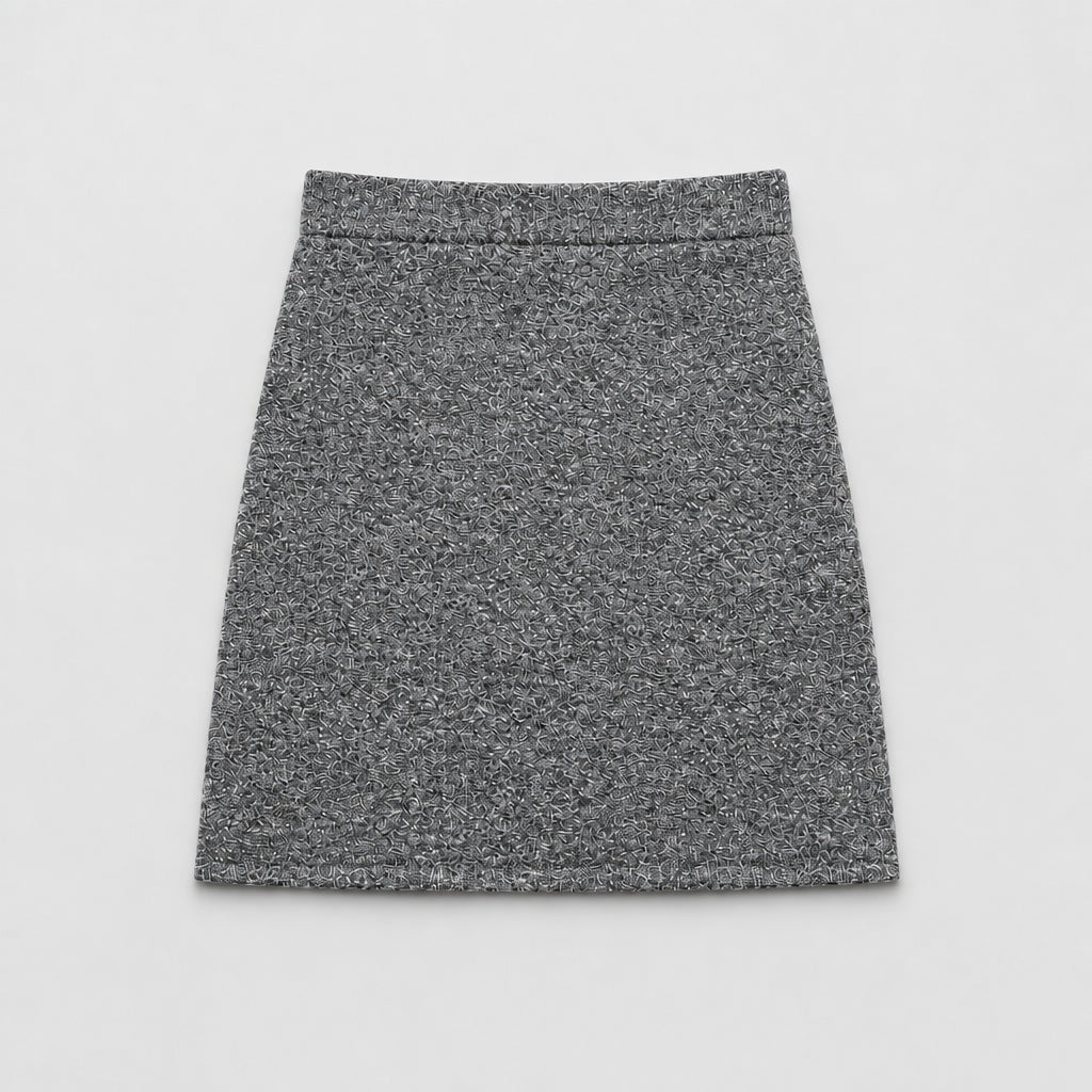 Ensemble jupe en maille extensible, taille haute, coupe trapèze et ajustée aux hanches.