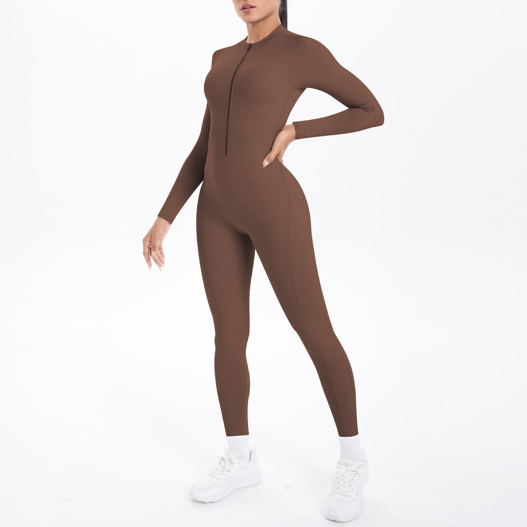Combinaison de yoga style demi-zip, coupe ajustée effet seconde peau, manches longues et pantalon long, tenue de yoga très élastique.