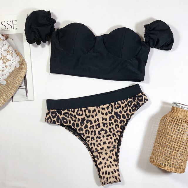 Bikini imprimé léopard push-up avec coussinets, taille haute