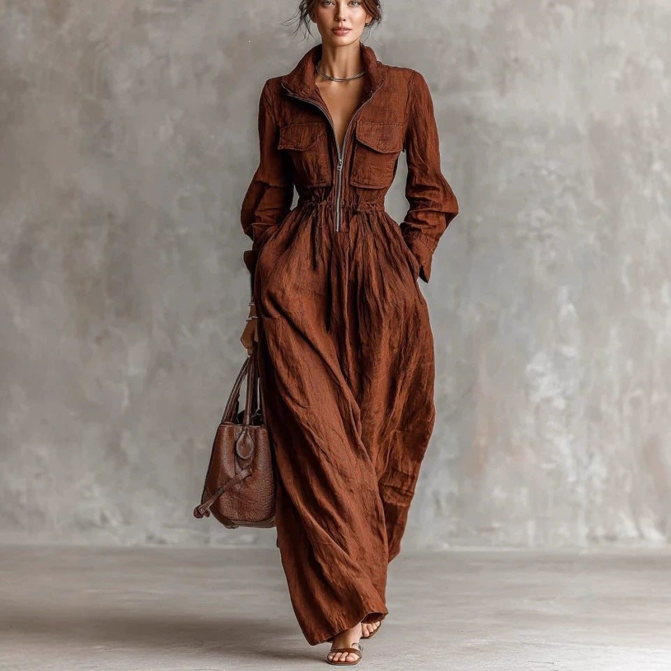 Robe longue pour femme avec col zippé et taille élastique