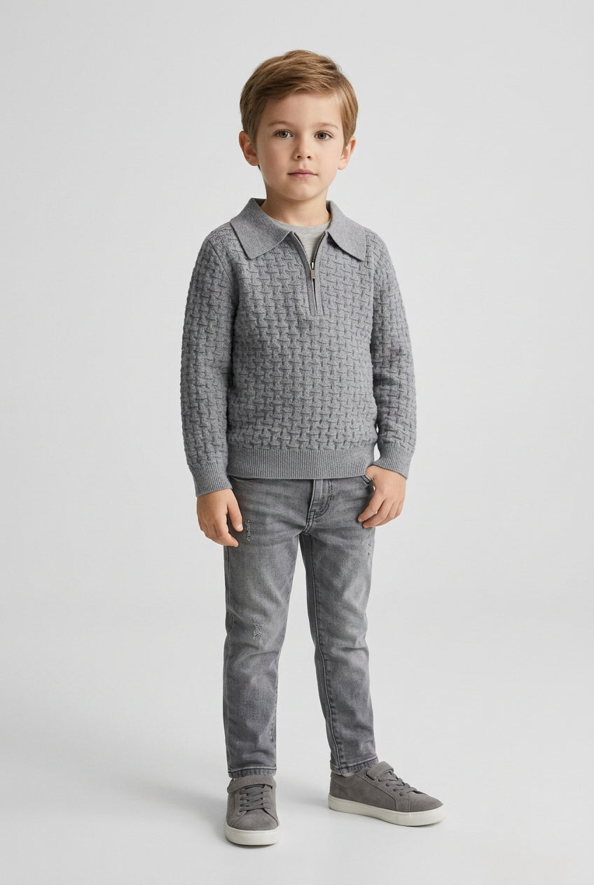 Pull en maille pour garçon, style décontracté, à motif ondulé, col rabattu et demi-fermeture éclair